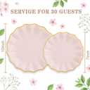 Rubtlamp 60Pcs Pink Plastic Plates - Pink Scalloped Plates with Gold Trim - 30 Dinner & 30 Dessert Platos, Heavy-duty Gold Plates for Party, Wedding&Mothers Day (30 Guests)