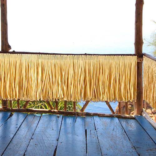 105 ft Natural Raffia Grass Table Skirts Fringes Hawaiian Luau Straw Grass Skirt for Tropical Hawaiian Party Tiki Bar Roof Decoration Summer Beach Party Decorations, 157 x 12 Inch, 8 Pcs in Total