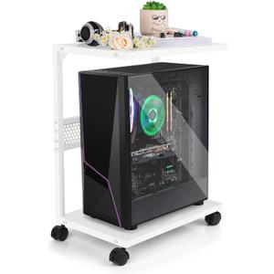 PC Stand Computer Tower Stand 2-Tier Metal CPU Holder with Locking Caster Wheels Suitable for Most PC (S,White)