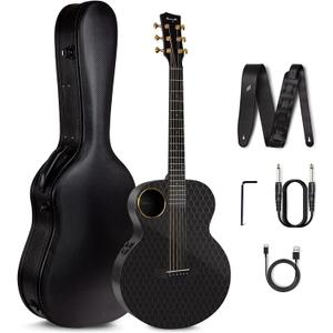 Enya Carbon Fiber Acoustic Electric Guitar X4 Pro Mini AcousticPlus 36 3/4-Sized Guitar Bundle with Hard Case, Leather Strap, Instrument Cable & USB Type-C Charging Cable(X4 PRO MINI)