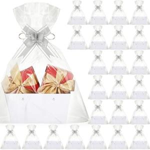 PerKoop 24 Pack Baskets for Gifts Bulk DIY Empty Gift Basket with Handles Kraft Cardboard Tray 24 Bags 24 Bows for Bridal Shower Graduation Wedding Birthday, 6. 5 x 9. 8 Inch(White)