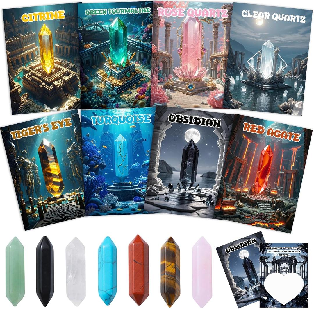 Valentines Day Cards for Kids with Crystals, 24Pack Atlantis-Inspired Themed Cards & Healing Gemstones, Valentines Gifts Exchange for Boys Girls Toddlers Class Classroom School Party Favor