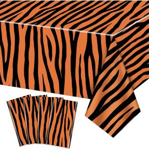 4Pcs Tiger Print Plastic Tablecloth, Rectangular Safari Animal Table Cloths, Tiger Striped Tablecloth for Zoo Jungle Safari Tiger Party Decorations, 51x 86Inch