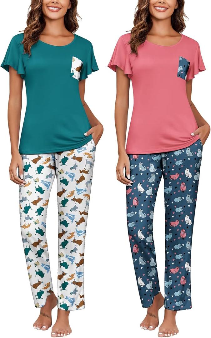 Ekouaer 2 Pack Women's Pajama Sets Short Sleeve with Long Pajama Pant Set Soft Sleepwear Printed Pj Lounge Sets with Pockets (Large, Dogs+Cats)