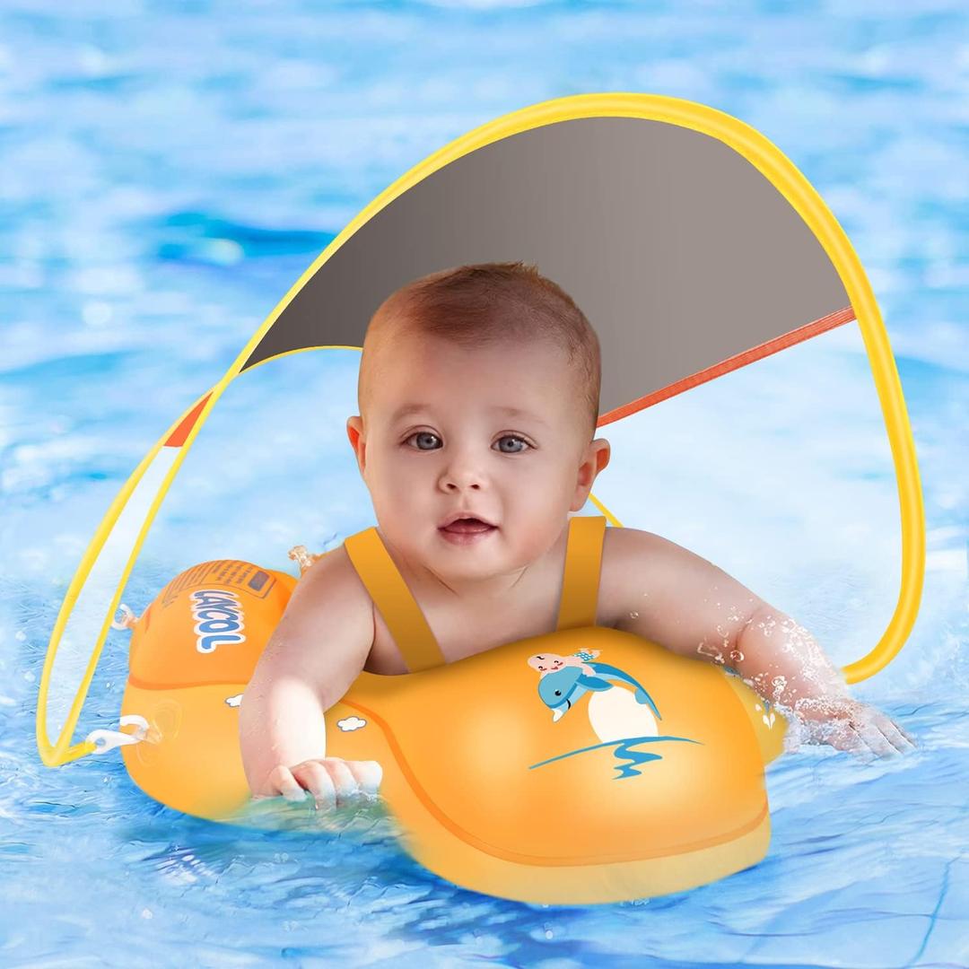 Baby Pool Float with Canopy UPF50+ Sun Protection, no flip Over Inflatable Baby Float for Baby 3-36 Months, Skin Protect Toddler floaties for Boys and Girls, Large
