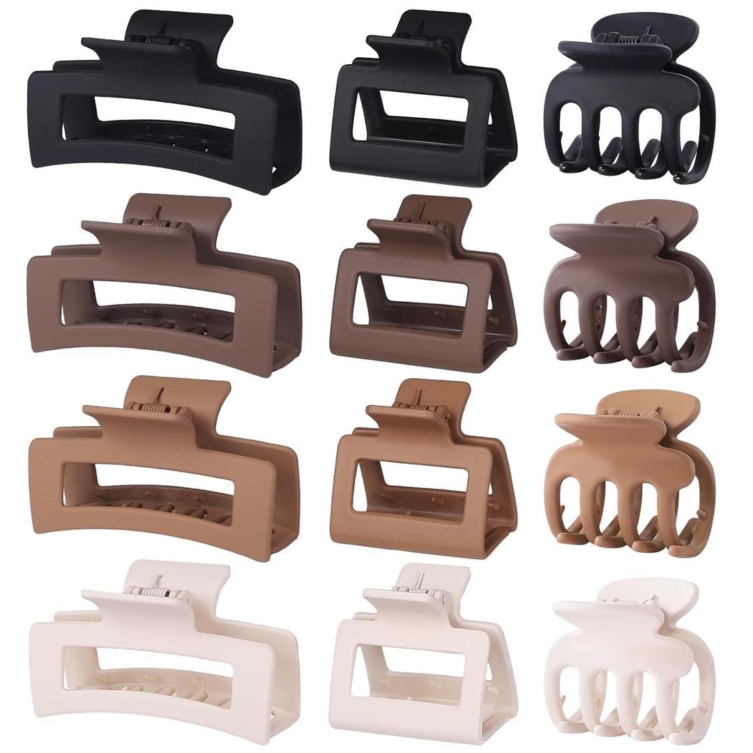 12 Pcs Hair Clips for Women 3 Styles Small Medium Large Claw Clips for Thin Thick Curly Hair, Strong Hold & Non-Slip Clips, Stylish Matte Plastic Hair Accessories Ideal Gifts for Women (Brown)