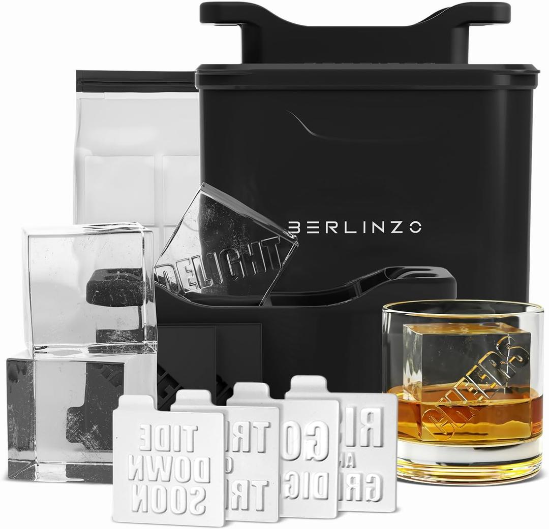 Berlinzo Premium Clear Ice Cube Maker Mold - 4 Large 2.1-inch Crystal Clear Ice Square Cubes for Whiskey & Cocktails - Easy-to-Remove Ice Cube Mold - Storage Bag & Silicone Inserts Included, Black