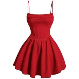 SHENHE Women's Ruched Corset Dress Spaghetti Strap Fit and Flare Flowy Skater Mini Cami Dress, M