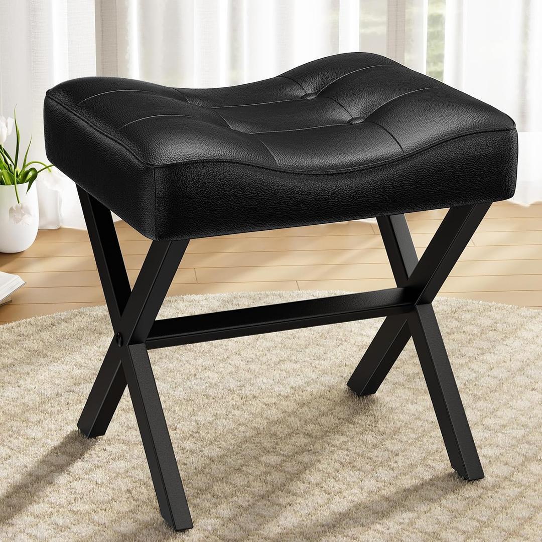 Memobarco 18-Inch Large Leather Vanity Stool, Vanity Chair with Metal X-Leg, Ottoman Accent Stool with Thick Padded Saddle Seat, Black