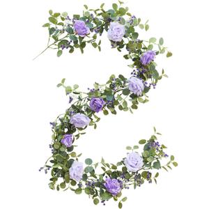 Anna's Whimsy 5.91FT Artificial Eucalyptus Garland with Flowers, Fake Rose Gypsophila Decor for Wedding Spring Home Party Craft Art Table Runner (Purple)