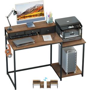 SINPAID 47 inch Computer Desk with Printer Shelf, Gaming Desk with Monitor Stand and Drawers, Reversible Home Office Desk with Storage Shelves and 2 Hooks, Home Workstation for Study Writing, Walnut, 47x19 IN