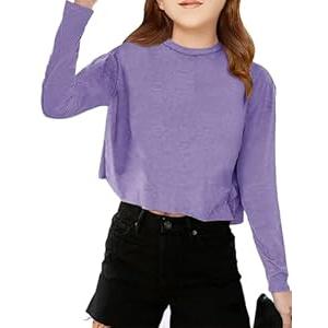 Girls Long Sleeve Crop Tops Kids Fashion Loose Crew Neck Cropped T-Shirts Casual Basic Tees Purple (160)