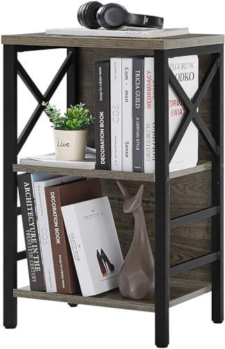 MNEETRUNG Small Bookcase, 3 Tier Industrial Bookshelf with Metal Frame and Backboard, Low Grey Book Shelf, Bookcase for Small Spaces, Living Room, Bedroom, and Home Office