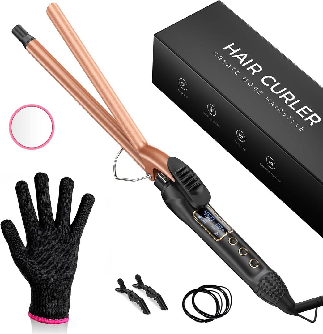 0.5 in Tiny Curling Wand with Adjustable Temperature, for Medium and Long Hair, Heat Resistant Glove, 8-in-1 Gift Set (1/2 IN, Black)