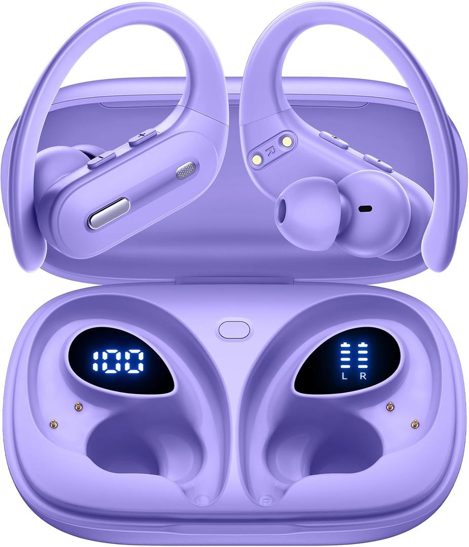 Wireless Earbuds V5.3 Bluetooth Headphones 90 Hrs Playtime Earbuds with Wireless Charging Case Power Display Over-ear Earphones with Earhooks Waterproof Stereo Headset for Android phone Workout Purple