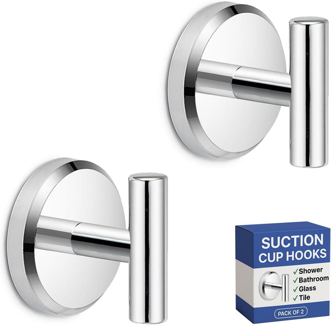 HOME SO Suction Cup Hooks for Shower & Bathroom Towel Holder 2-Pack Suction Cups Hooks for Hanging Towels, Robes, & Coats - Tiles, Glass Door or Mirror Shower Hooks & Towel Hooks - Chrome T-Shape