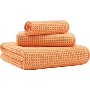 New Microfiber Waffle Bath Towels, 3 Pieces, Oversized, Soft, Absorbent, Fast Drying, Lint Free, Includes Bath, Face and Hand Towels (Orange)