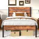 VECELO Full Size Bed Frame - Heavy-Duty Metal Platform with Wood Headboard, No Box Spring Needed, Antique Brown