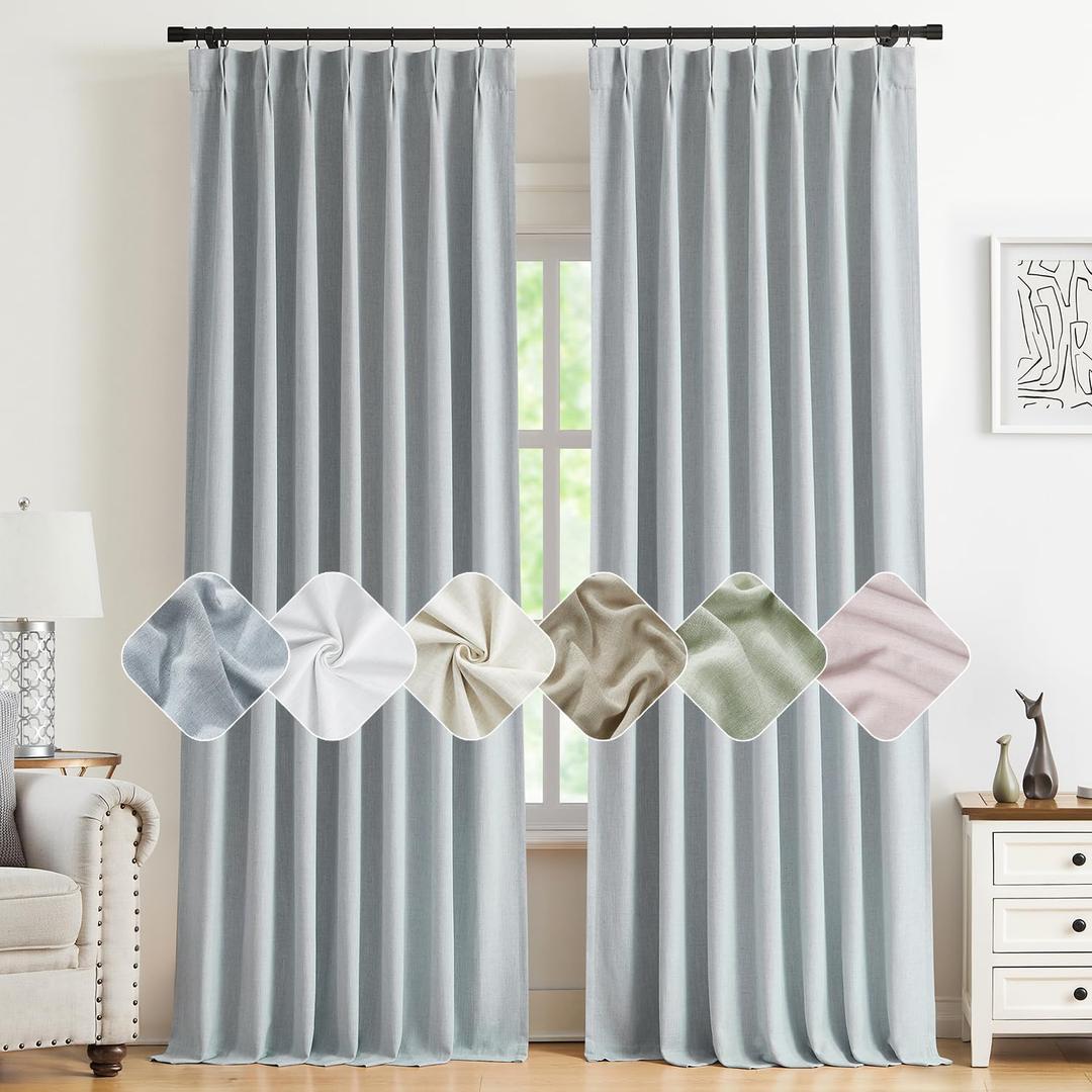 Kayne Studio Blue Gray Pinch Pleated Full Blackout Curtains, Linen Blend Room Darkening Thermal Insulated Soundproof Drapes, 84 Inch Back Tab Window Curtains for Living Room Bedroom(2 Panels, 40"x84")