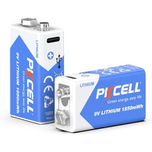 PKCELL USB Rechargeable 9V Batteries, 2 Count 500mAh 9 Volt Lithium Battery with 2 in 1 Charge Cable for Smoke Alarms, Microphones, Walkie-Talkie, Toys