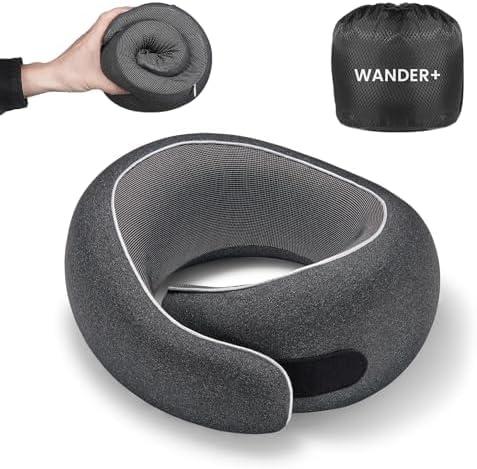 WANDER PLUS Travel Pillow, 100% Pure Memory Foam Travel Neck Pillow Airplane Neck Support Ergonomic Design Best for Sleeping Plane Car Train Office Flight for Adults Black