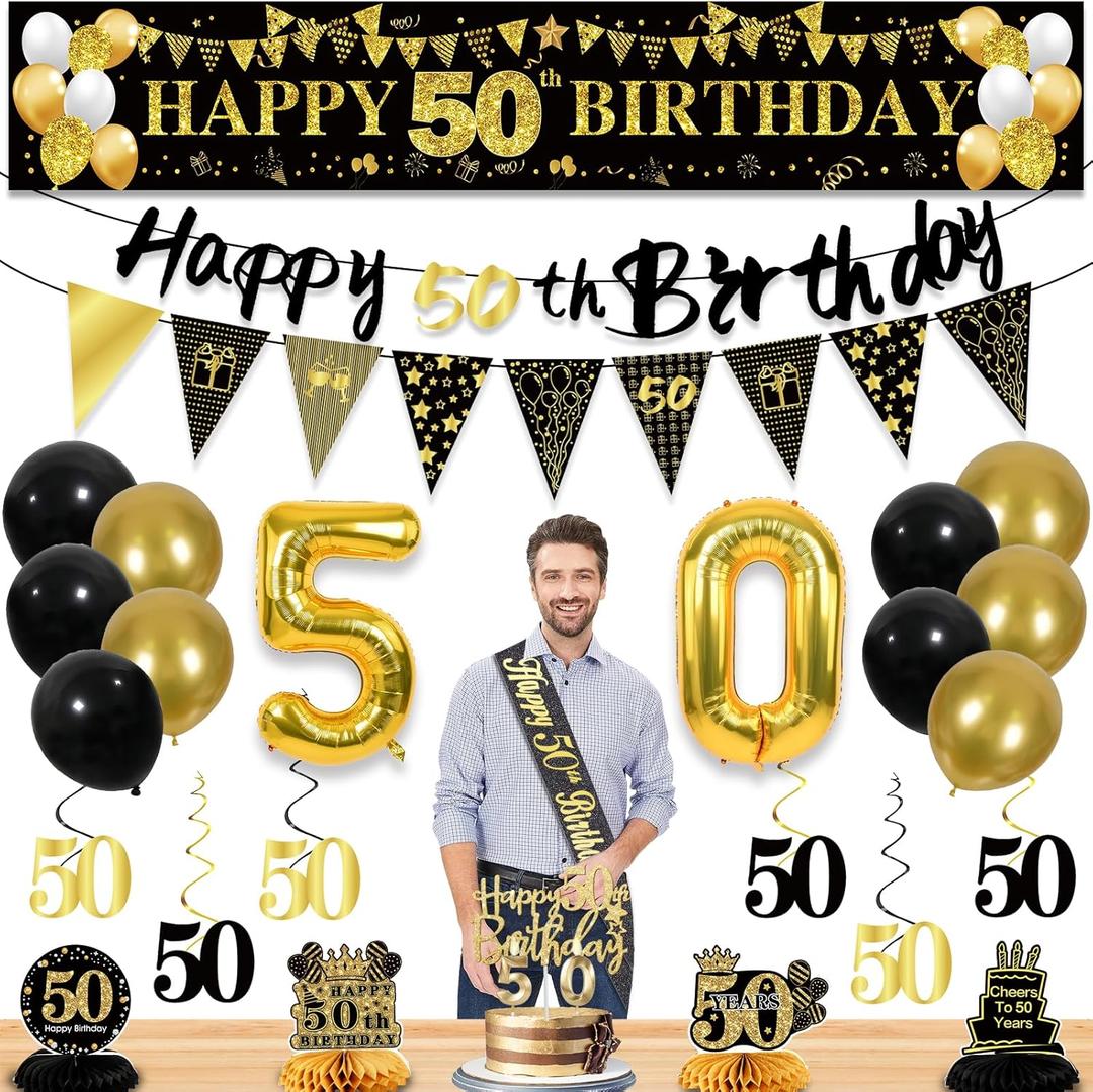 27pcs 50th Birthday Decorations for Men,Black Gold 50th Party Decorations,Happy 50th Birthday Banner Honeycomb Hanging Swirls Cake Topper and Balloons Kit Party Supplies