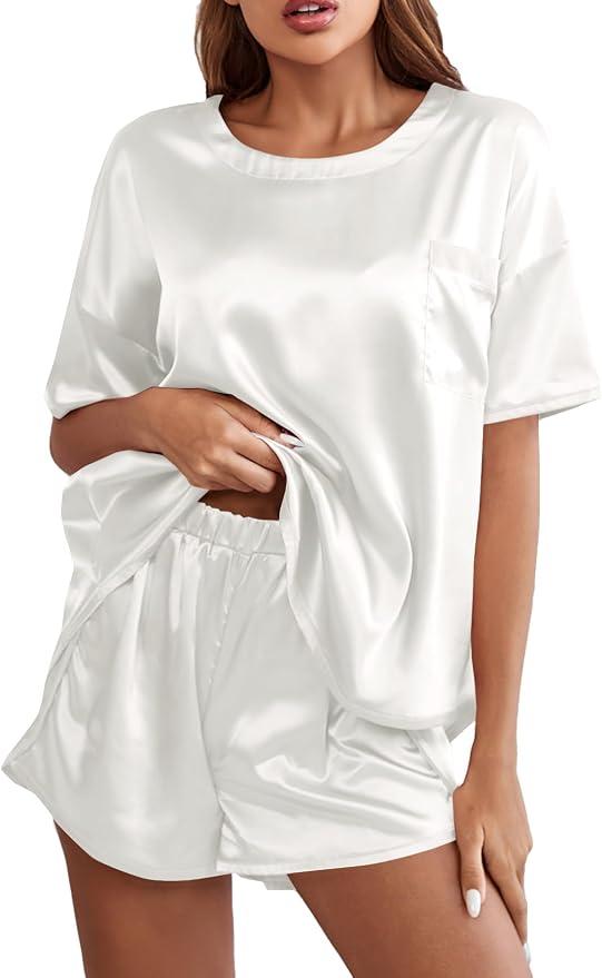 LYANER Women's Satin Silky Pajama Set Short Sleeve T-shirt With Shorts Set PJ Loungewear
 XXLarge