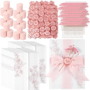 Fullhawl 100 Sets Wedding Invitations Wraps Set Pre Folded Vellum Jackets for 5 x 7 Invitations Dried Flowers Wax Seal Stickers Chiffon Silk Ribbon for Wedding Birthday Bridal Shower Craft DIY (Pink)