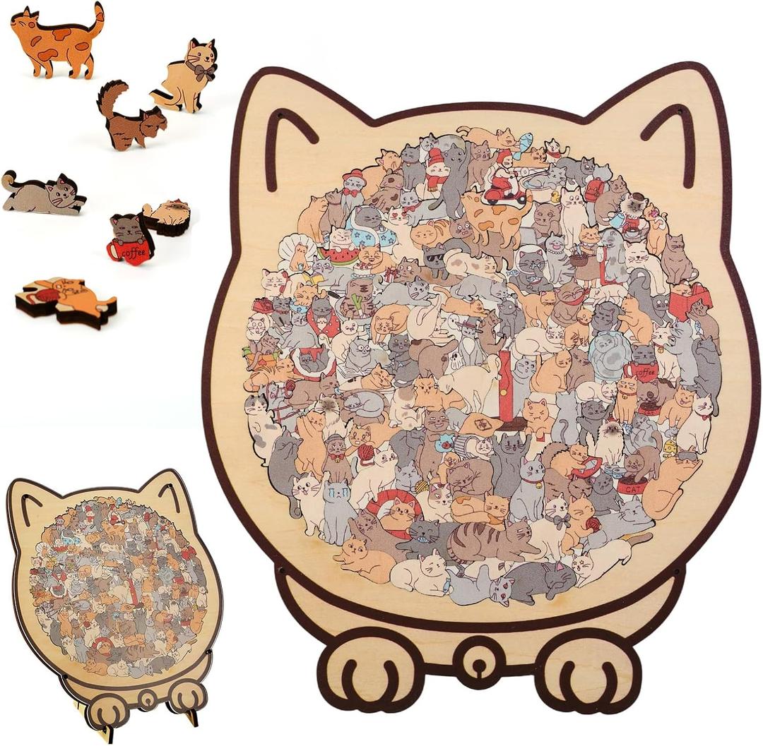 135Piece Colored Cat Shaped Wooden Jigsaw Puzzle, Cats Shaped Wooden Puzzle, Unique Animal Shape Wood Puzzle, Creative Gifts for Cats Lovers, Home Decor
