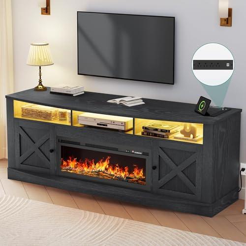 YITAHOME Farmhouse TV Stand with Fireplace for 75/80 Inch TVs, Entertainment Center with LED Lights for Living Room, 36" Electric Fireplace, Media Console with Barn Door Cabinet, Black