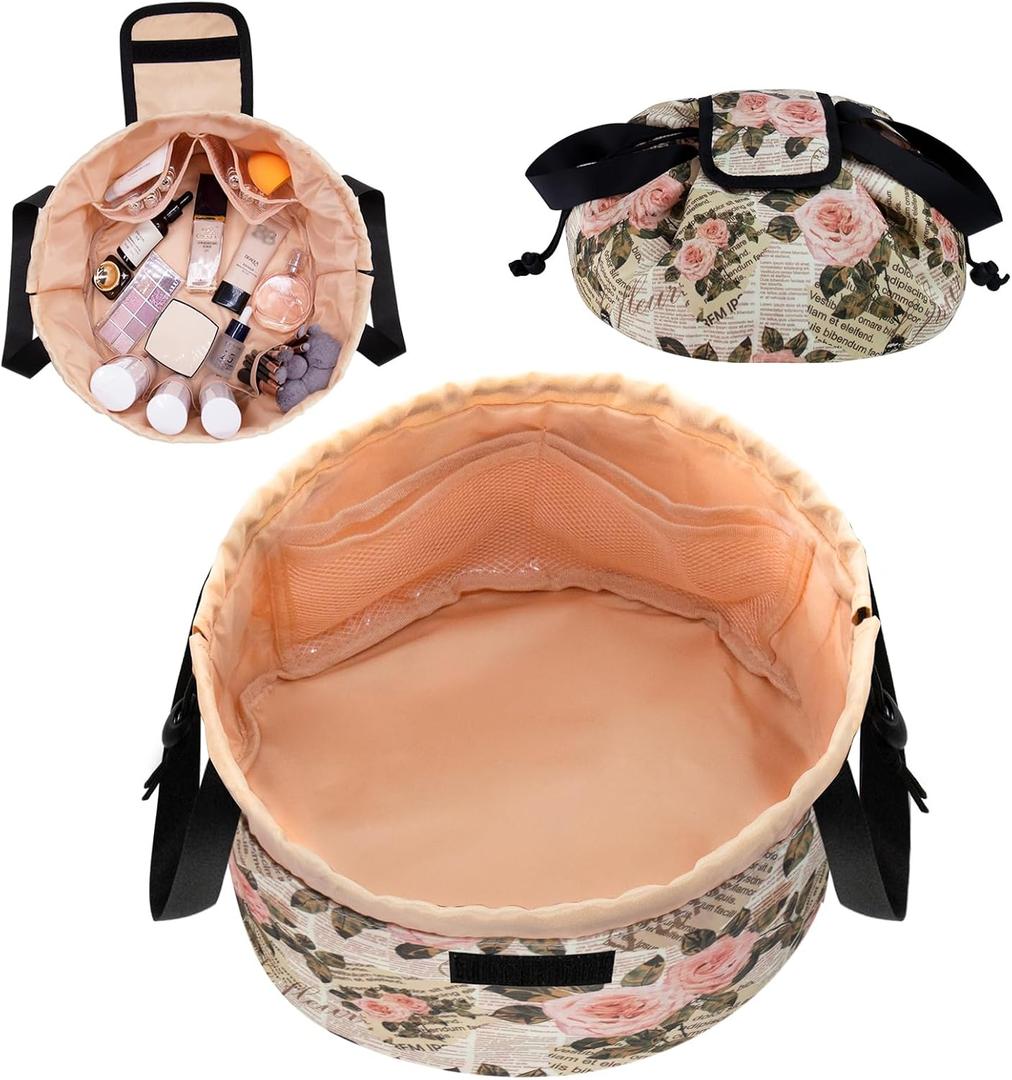 Barrel Drawstring Makeup Bag Large Travel Makeup Bag,Portable Large Capacity Cosmetic Bag Toiletry Organizer for Travel Accessories Make Up Essentials and Hair Product,Gift for Mother (Rose retro)