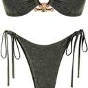 ZAFUL Metal Ring Bandeau Bikini Set Tie Side Bathing Suit High Cut 2 Piece Swimsuit Cutout Swimwear M