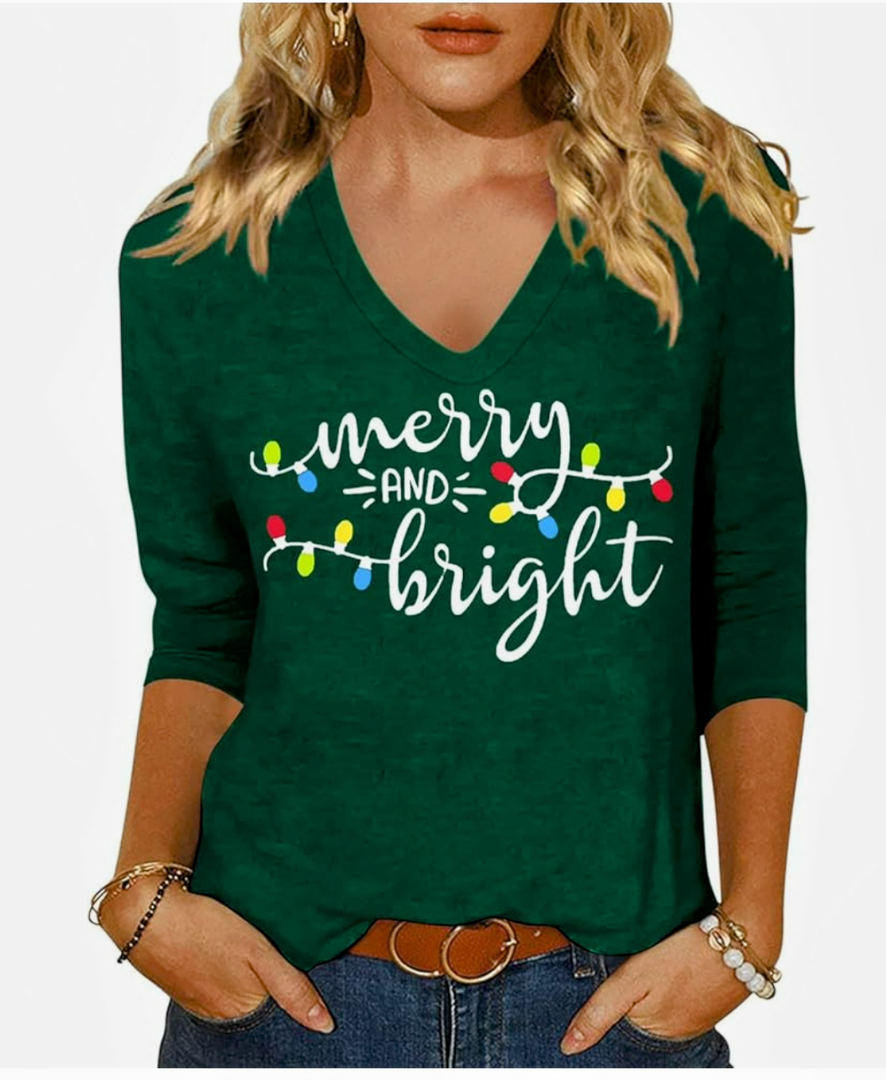 Womens Christmas Lights V Neck Shirt Funny Xmas Letter Printed Sleeve Tee Winter Holiday Family Matching Tops, 2 XL