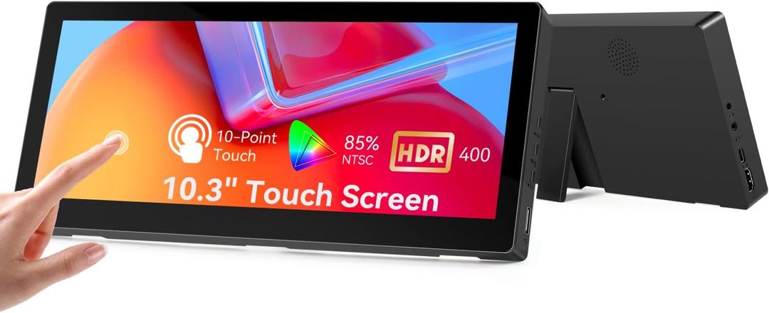 10.3 Inch Small Touchscreen Monitor, 400cd/m, IPS Stretched Bar LCD Mini Travel Touch Display 1920 * 720 HDMI USBC, Portable Touch Screen for Laptop Computer Windows Aida64 GPU CPU RAM Monitoring