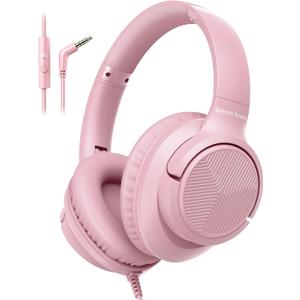Wired Headphones with Microphone, Over Ear 3.5mm Plug in Headphones with 4.9ft Tangle-Free Nylon Cord for Tablet, Laptop, MP3/4, School, Airplane Travel (Pink)