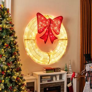 Tangkula 48 Inch Lighted Christmas Mesh Wreath, Pre-Lit Festive Wreath w/Large Bow & 200 LED Bulbs, Hooks & Zip Ties Included, Weatherproof Festive Decoration for Indoor Outdoor (Red)