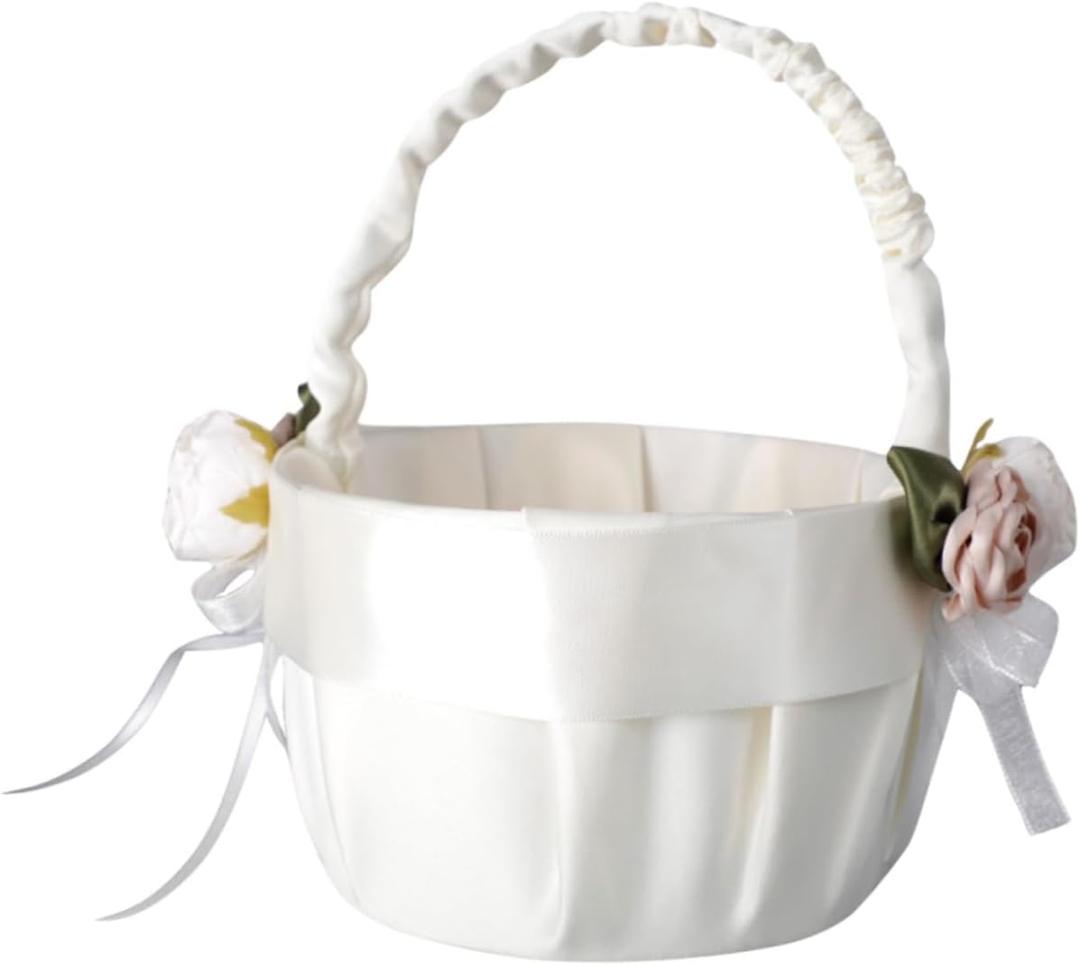 Luxshiny Bridal Flower Girl Basket Wedding Ring Pillow Set Beautiful Lace and Satin Petal Basket for Wedding Favors