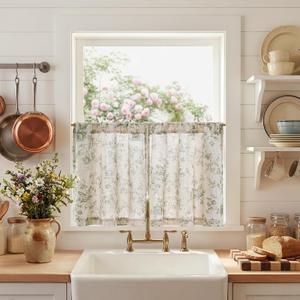 jinchan Amlie Floral Kitchen Curtains 24 Inch Length Linen Cafe Curtains Small Window Drapes Light Filtering Botanical Farmhouse for Bedroom Bathroom Rod Pocket 2 Panels Sage Green on Linen