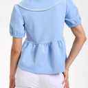 HOULENGS Women's Summer Puff Sleeve Peplum Babydoll Tops 2025 Peter Pan Collar Flowy Shirts Casual Ruffle Cute Blouse Top (Blue, L)