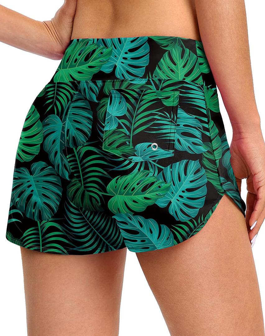 Blouty Women's Swim Board Shorts with Pockets High Waisted Tummy Control Swimsuit Bathing Shorts for Women with Liner (Large, Palm Leaf)