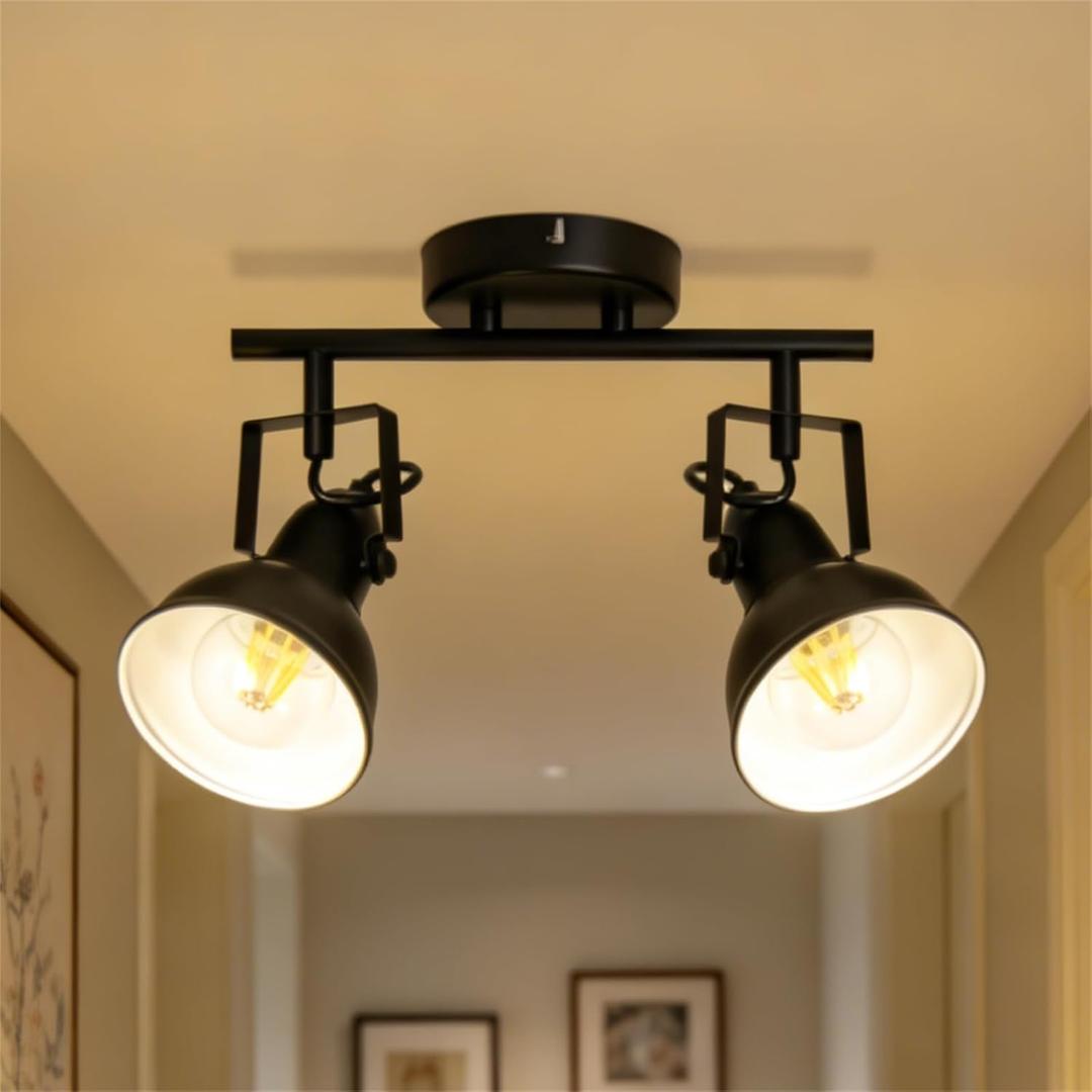 HiBay LED Track Lighting Fixtures, Rotatable 2-Light Spot Light Ceiling Wall Mount, Industrial Track Light Spotlights Black for Kitchen, Living Room, Hallway, E26 Base (Bulbs Not Included)