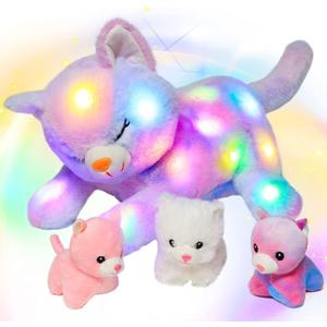 Hopearl LED Plush Cat Lighting Up Stuffed Mommy Cat with 3 Baby Kittens in her Tummy Stuffed Animal Playset Night Lights Glow in The Dark for Mom Kids Toddler Girls, Rainbow, 18''