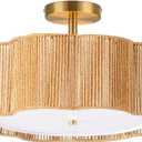 13.4" Rattan Flush Mount Ceiling Light Fixtures,3-Light Boho Light Fixtures Ceiling Mount for Bedroom,Small Rattan Chandelier,Gold Mini Chandelier Lighting for Dining Room Hallway Kitchen