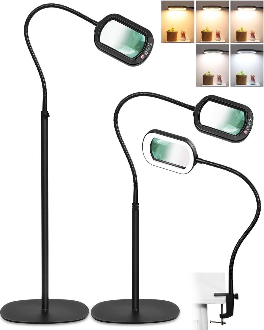 10X Rectangle Magnifying Glass with Light and Stand, 24" Flexible Gooseneck 3-in-1 Floor Lamp, 5 Color Modes Stepless Dimmable, LED Lighted Hands Free Magnifier for Reading Crafts Painting Close Work (Black)