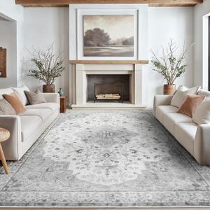 Amada 8x10 Area Rugs, Non-Slip Washable Rug with Low Profile, Durable Bound Edge, Soft Large Vintage Rug for Living Room, Bedroom, Dinning Room, Home Office,Silver Gray 