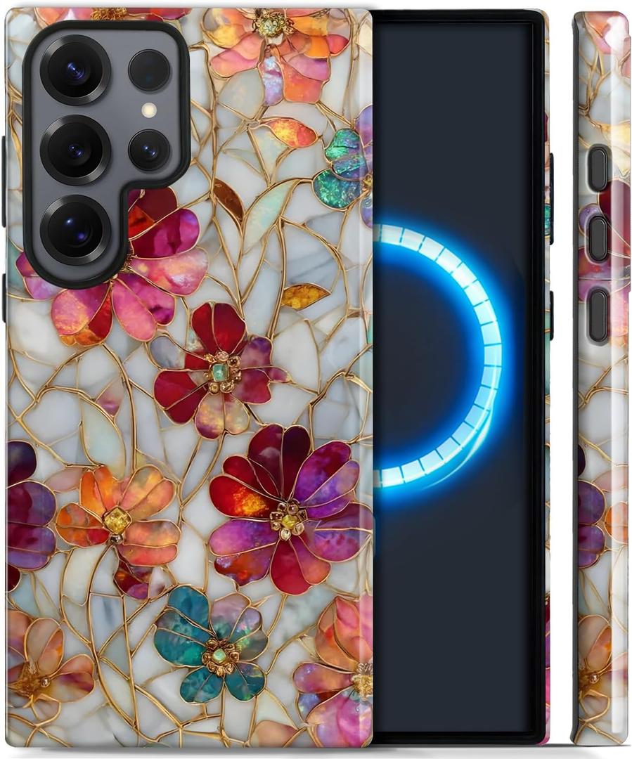 Case for Samsung Galaxy 24 Ultra,Stained Glass Flowers Case [Compatible with Magsafe] Design,Dual Layer Soft TPU Hard PC Bumper Phone Case Case for Men Women