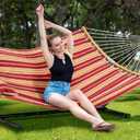SUNCREAT Hammocks Portable Hammock with 12 ft Stand Included, Double Hammock with Curved Spreader Bar, Red Stripes