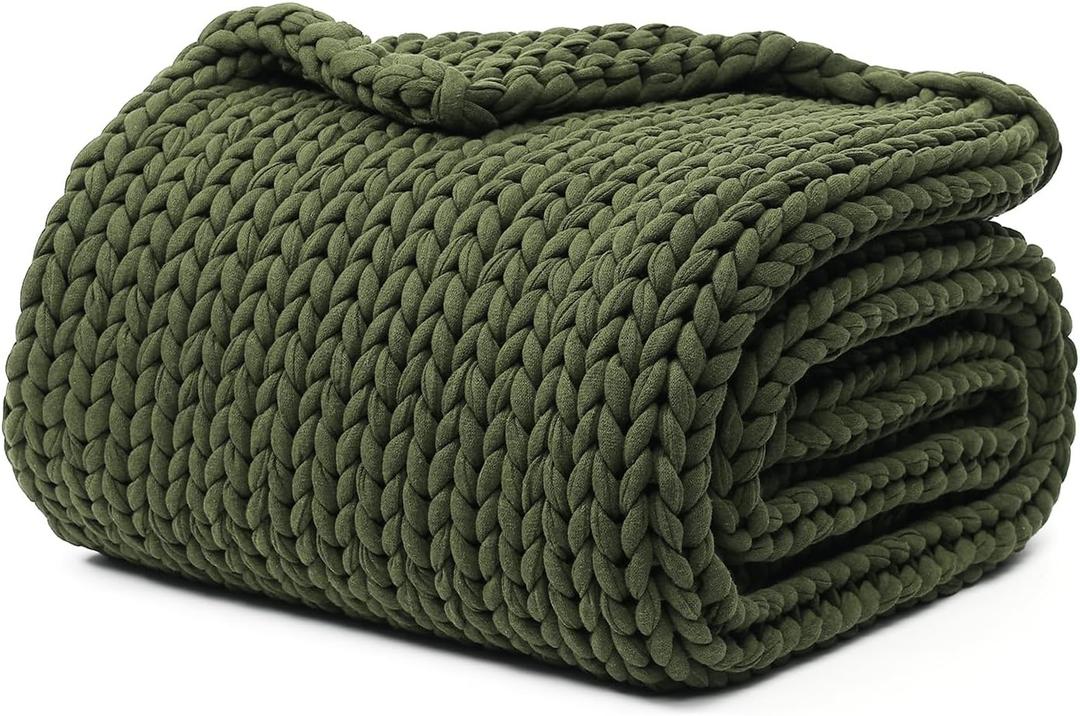 YnM Cotton Weighted Blanket, Handmade Chunky Knitted Design, Soft and Cozy, Temperature Regulating and Breathable, Machine Washable Throw for Sleep or Home Decor (Pine Green, 50x60 Inch, 15lbs)