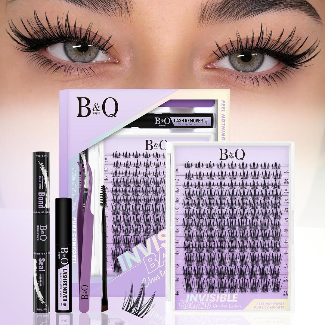 B&Q Bella Lash Clusters Kit Natural Lashes Clusters Wispy Invisible Band Manga Lashes Individual Lashes Bond and Seal Eyelash Extension Kit Easy Removal (Bella Kit)