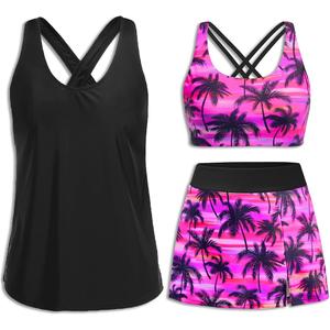 Daci Womens Pink Palm 3 Piece Tankini Swimsuits with Skirt - Tummy Control Bathing Suit Swim Tank Top and Sport Bra 2026 Athletic Swimwear XXL